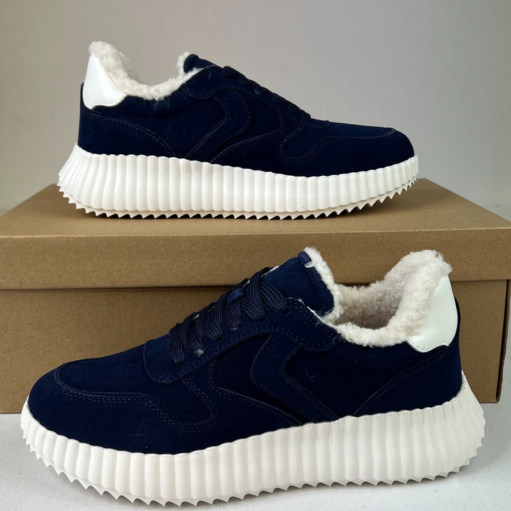 Steve Madden Women Shereen-F Sneakers Navy Suede Fur Leather Lace-Up Shoes Sz 7M